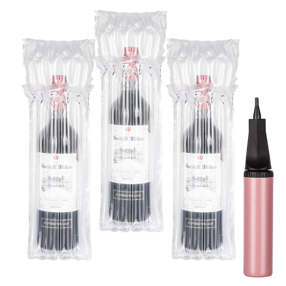 Kivsty Wine Travel Protector Bags - 30 Packs, Inflatable Air Column Cushion Wrap Bubble Bag for Wine Bottles Shipping Packaging Sleeve with Pump for Airplane Suitcase Luggage - 13.5 x 3.5 Inch