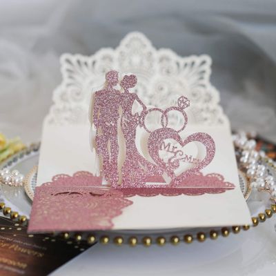 NC 10pcs 3D Pop Up Bride and Groom Engagement Cards Lovers Wedding Invitation Greeting Cards Laser Cut Valentine's Day Gift Anniversary Card (Gillter Pink, only invitation cover)