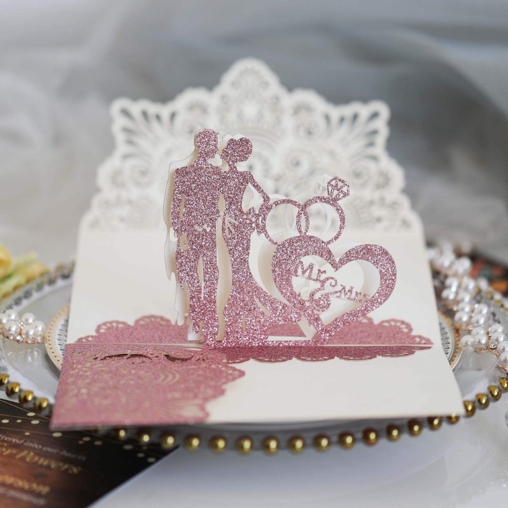 NC 10pcs 3D Pop Up Bride and Groom Engagement Cards Lovers Wedding Invitation Greeting Cards Laser Cut Valentine's Day Gift Anniversary Card (Gillter Pink, only invitation cover)