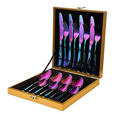 Silverware Set, Cutlery Set 16 Pcs Stainless Steel Dinnerware Fork Spoon Gold Cutlery Set Spoon and Fork Set Stainless Steel Cutlery BY ZZYY (Color : Rainbow 16 pecs)