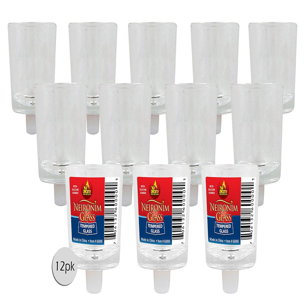 Ner Mitzvah Neironim Glass Shabbos Candle Holders with Safety Rubber - Premium Quality Clear Votive Cups, Standard Size for Shabbat, Chanukah and Party Decoration - Pack of 12