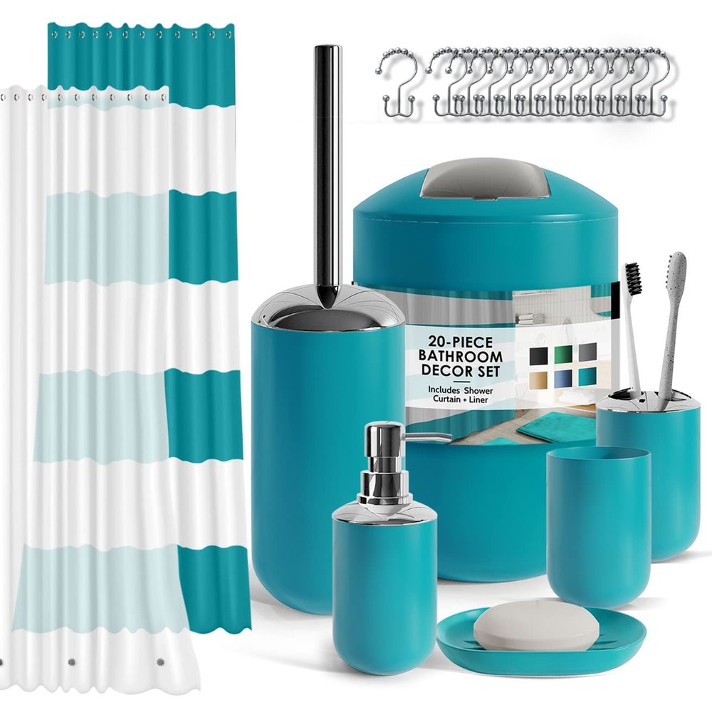 Clara Clark Bathroom Set - Teal Bathroom Accessories Set, 20PC Bathroom Accessory Set, Shower Curtain Set with Liner, Toothbrush Holder, Soap Dispenser, Soap Dish, Toilet Brush Holder, and Trash Can