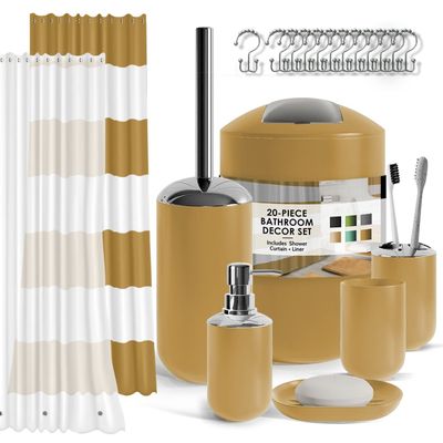 Clara Clark Bathroom Set - Gold Bathroom Accessories Set, 20PC Bathroom Accessory Set, Shower Curtain Set with Liner, Toothbrush Holder, Soap Dispenser, Soap Dish, Toilet Brush Holder, and Trash Can