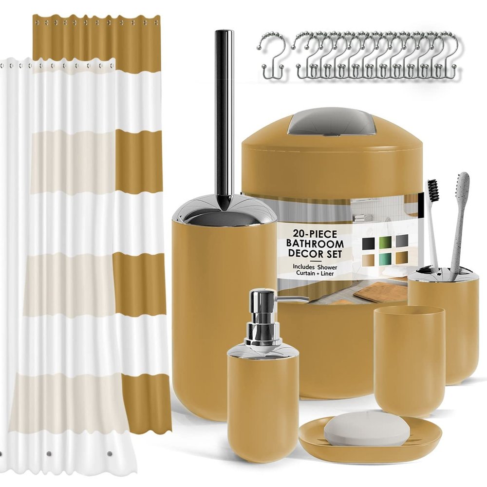Clara Clark Bathroom Set - Gold Bathroom Accessories Set, 20PC Bathroom Accessory Set, Shower Curtain Set with Liner, Toothbrush Holder, Soap Dispenser, Soap Dish, Toilet Brush Holder, and Trash Can