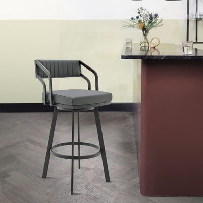 Armen Living Scranton Modern 26" Seat Height Gray Faux Leather and Black Steel Metal Swivel Bar Stool for Kitchen Island Counter