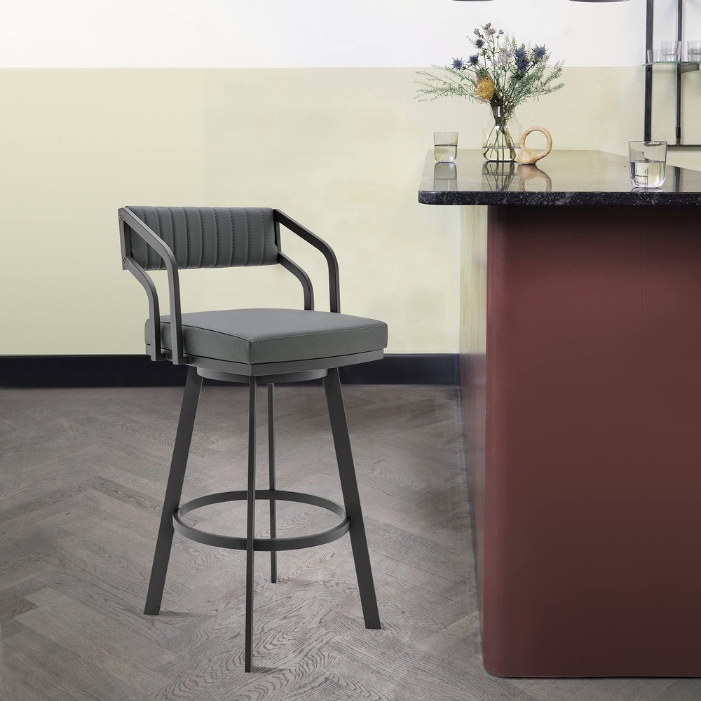 Armen Living Scranton Modern 26" Seat Height Gray Faux Leather and Black Steel Metal Swivel Bar Stool for Kitchen Island Counter