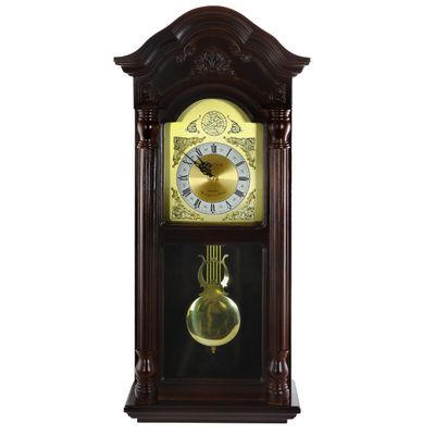 Bedford Clock Collection 25.5 Inch Antique Mahogany Cherry Oak Chiming Wall Clock with Roman Numerals , Brown