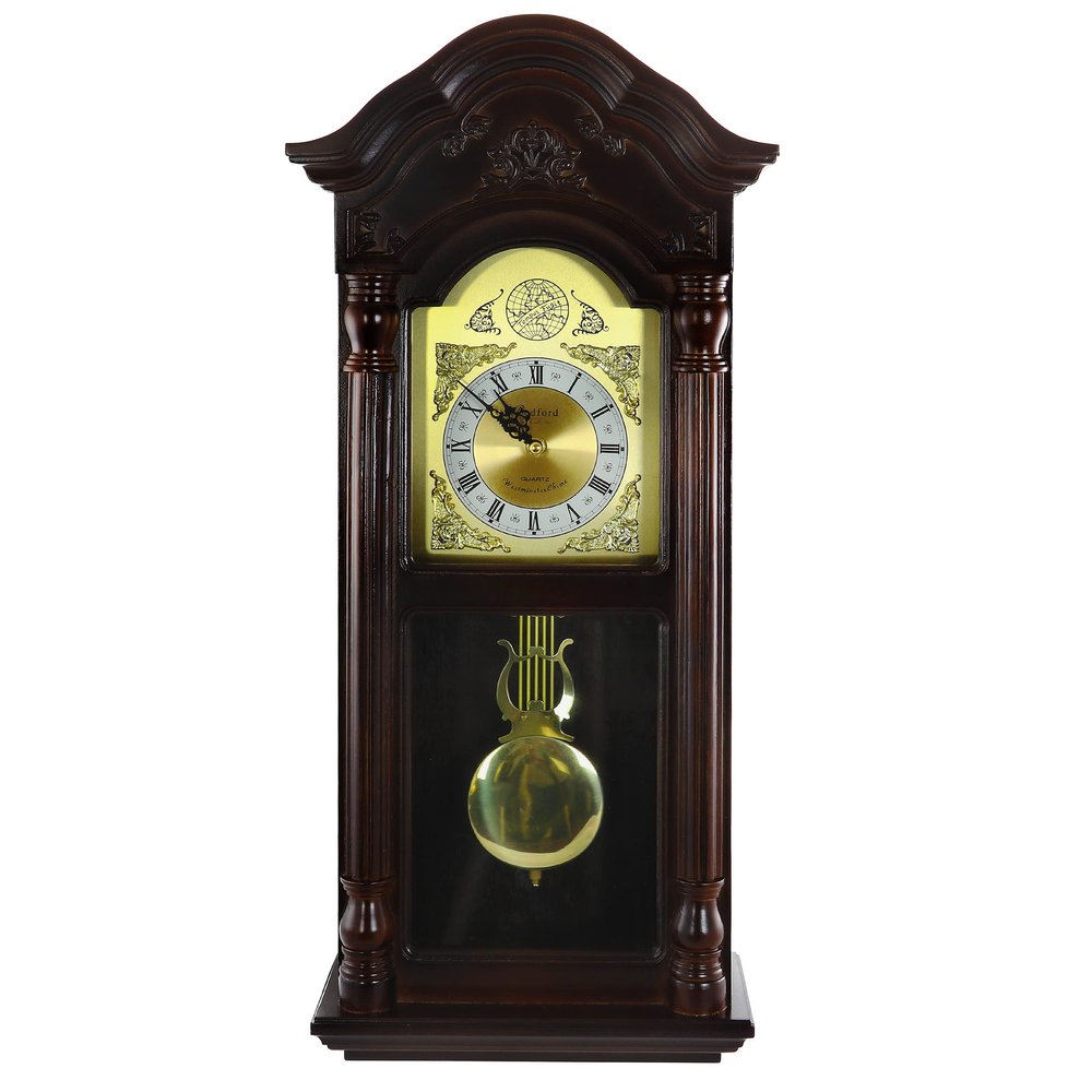 Bedford Clock Collection 25.5 Inch Antique Mahogany Cherry Oak Chiming Wall Clock with Roman Numerals , Brown