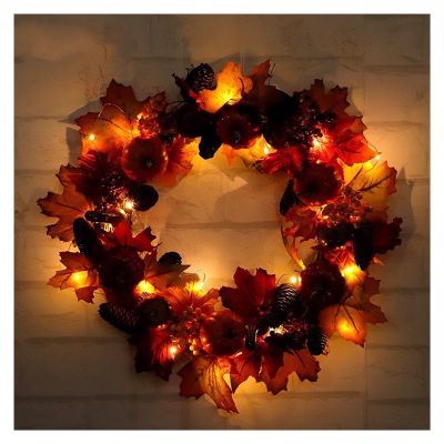 40cm/55cm Simulation Maple Leaf Wreath- Artificial Pumpkin Pine Leaves Autumn Halloween Thanksgiving Day Front Door Wall Hanging Decoration Christmas Daily Necessities ( Size : 40cm with light )