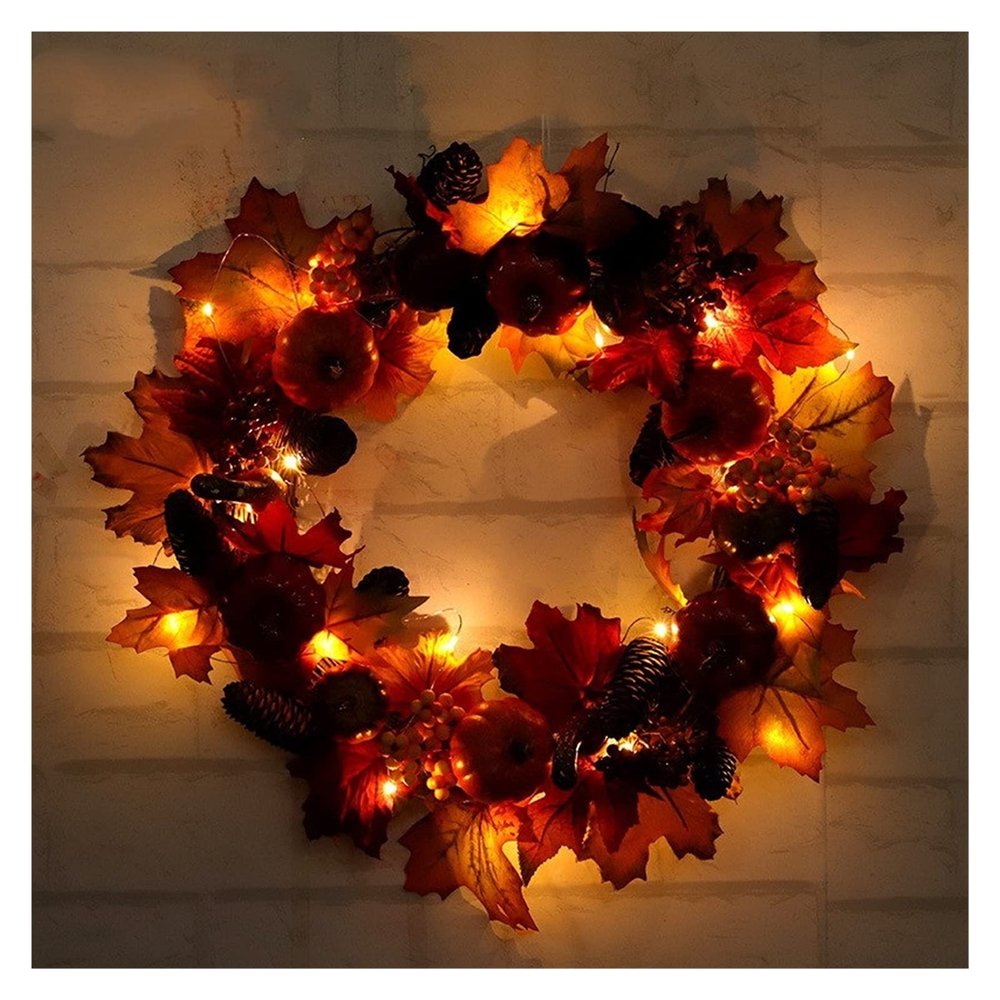 40cm/55cm Simulation Maple Leaf Wreath- Artificial Pumpkin Pine Leaves Autumn Halloween Thanksgiving Day Front Door Wall Hanging Decoration Christmas Daily Necessities ( Size : 40cm with light )