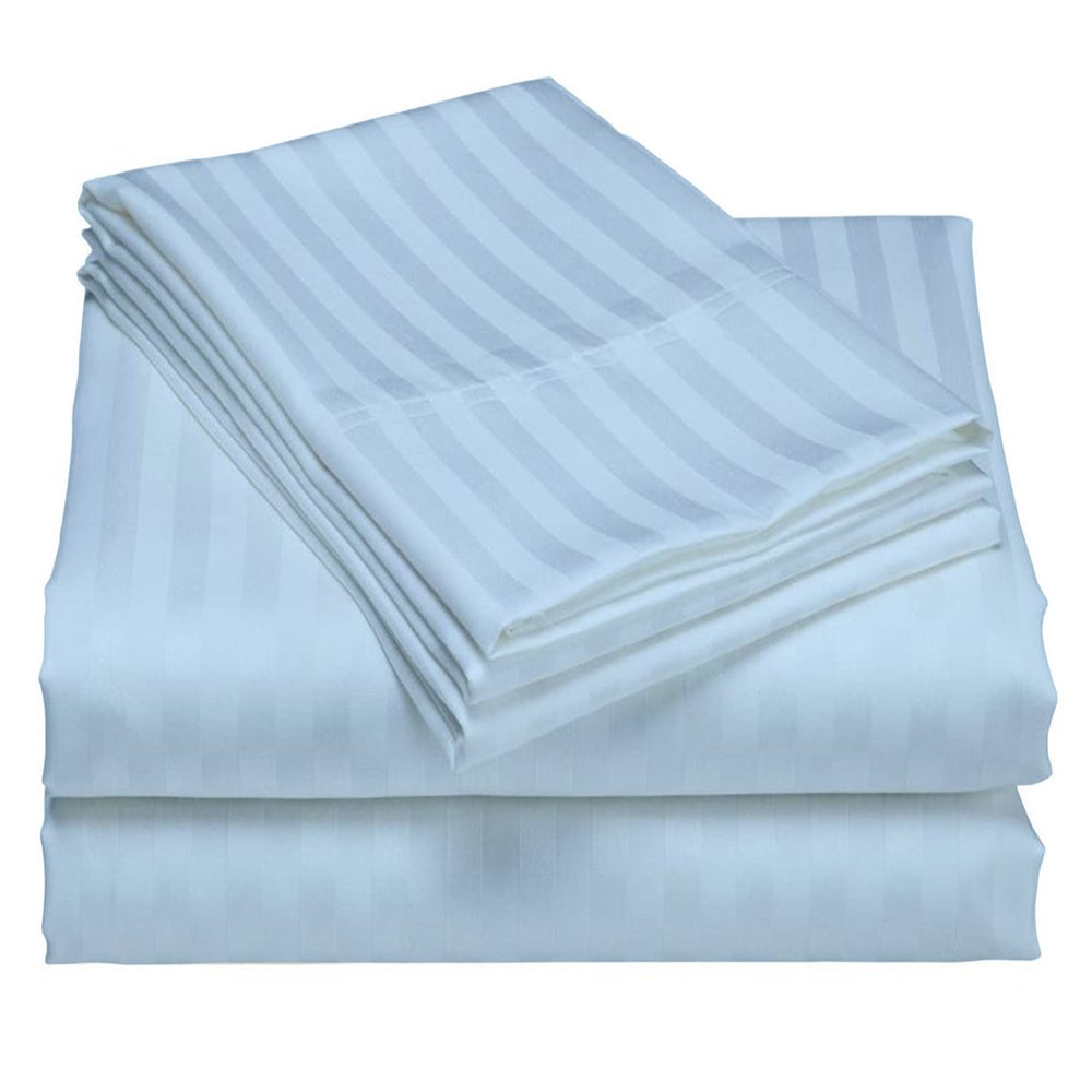 USA King Sheet Set in Light Blue Stripe 600 Thread-Count 100% Egyptian Long Staple Cotton, Sateen Weave for Soft and Silky Feel, Breathable 4-Piece Bedsheet, Elasticized 10'' Extra Deep Pocket