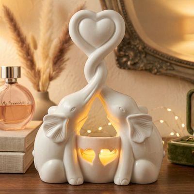 Elephant Love Candle Holder Statue - Ivory 14th Anniversary, Couples, Parents Valentine's Present - Unique Gift Home Decor for Women Living Room or Bedroom - Flickering LED Candle Included