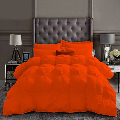 5 PCS Combo Package Includes-1 PC Baffle Pinch Pleated Comforter/Quilted + 4 PCS Bed Sheet Set-100% Egyptian Cotton-600 Thread Counts Ultra Soft Twin Size | Orange Premium Bedding Collection