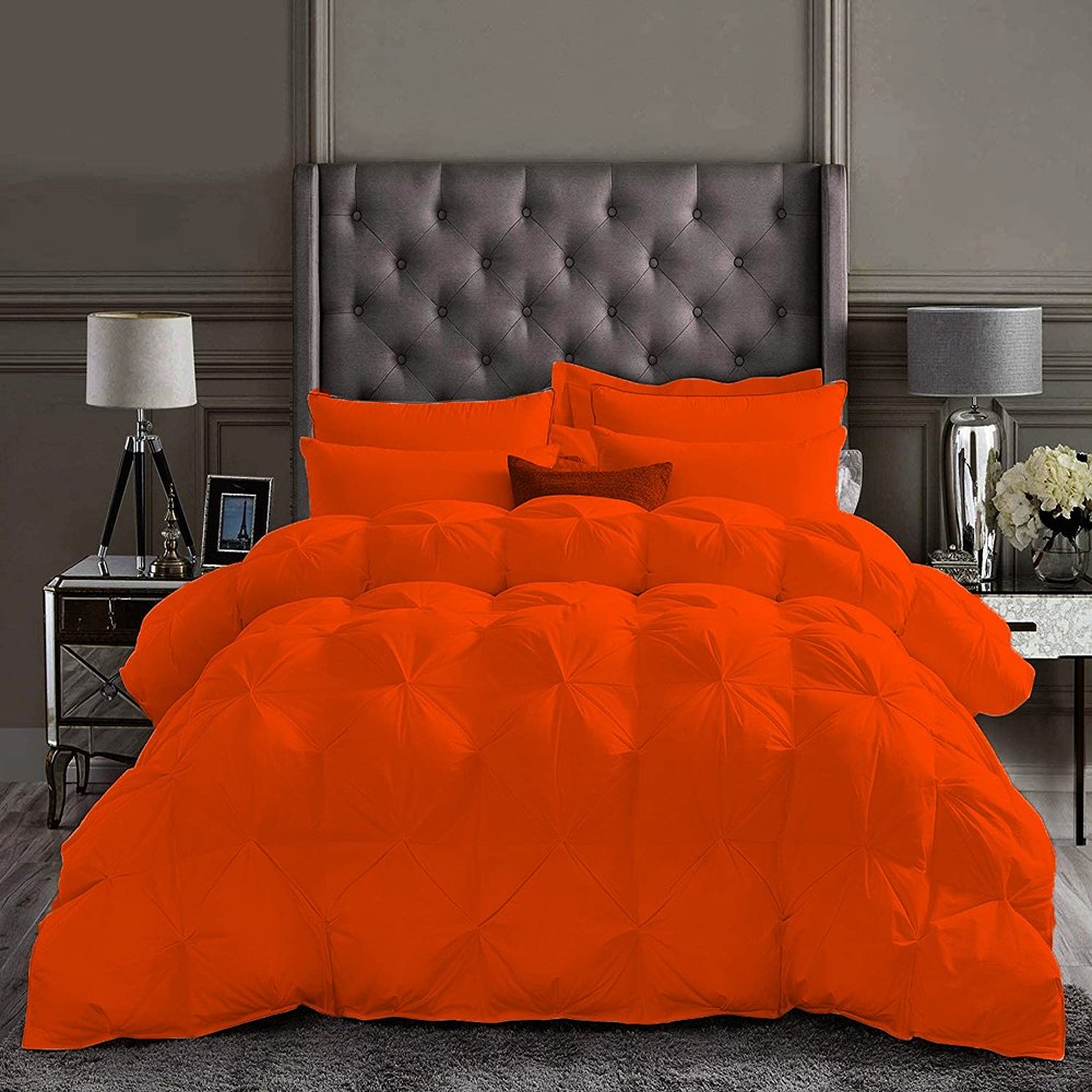 5 PCS Combo Package Includes-1 PC Baffle Pinch Pleated Comforter/Quilted + 4 PCS Bed Sheet Set-100% Egyptian Cotton-600 Thread Counts Ultra Soft Twin Size | Orange Premium Bedding Collection