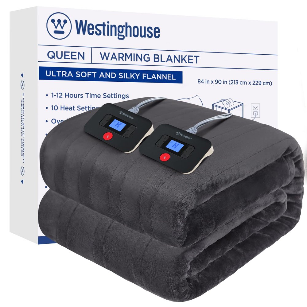 Westinghouse Electric Blanket Queen Size, Super Cozy Soft Flannel 84"" x 90"" Heated Blanket with 10 Fast Heating Levels & 1-12 Auto-Off, Machine Washable, ETL&FCC Certification, Charcoal