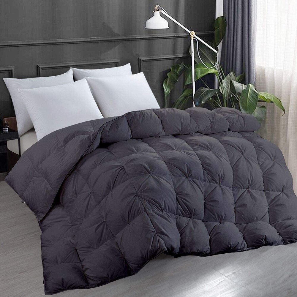 All-Season Classic Pinch Pleated Comforter Twin Size, Dark Grey 100% Pure Soft Cotton 500 GSM Fill Power Fluffy, Baffle Box Goose Down Alternative Ultra-Soft 1 Piece Comforter/Duvet Insert