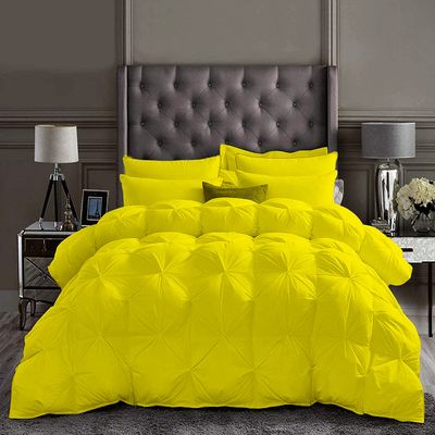 5 PCS Combo Package Includes-1 PC Baffle Pinch Pleated Comforter/Quilted + 4 PCS Bed Sheet Set-100% Egyptian Cotton-600 Thread Counts Ultra Soft Full Size | Yellow Premium Bedding Collection