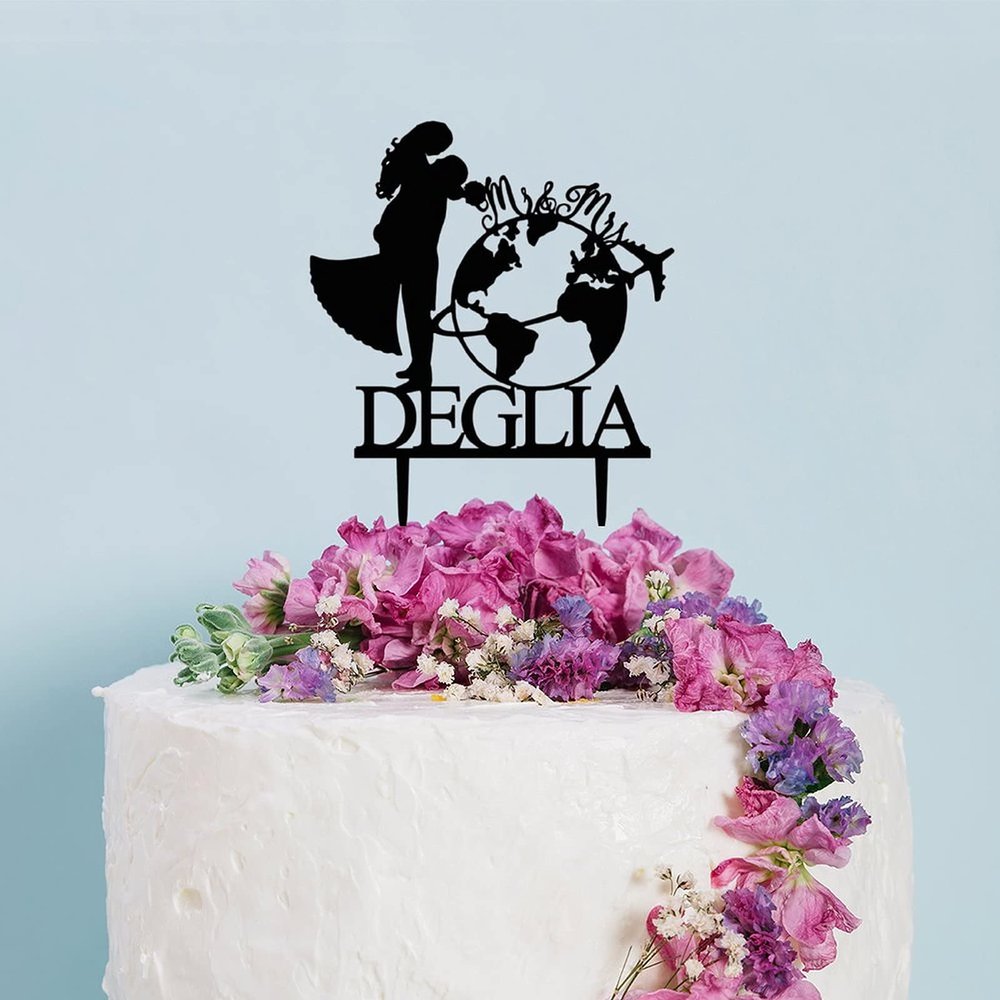 Karen's Travel Theme Cake Topper for Customizable Cake Topper Personalised Wedding Date Name Bride & Groom Cake Topper for anniversary Engagement Wedding Bridal Shower Party Decorations