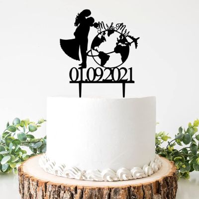 Mr & Mrs World Map Cake Topper Travel Themed Customizable Customized Wedding Date Name Bride & Groom Cake Topper for anniversary Engagement Wedding Bridal Shower Party Decorations