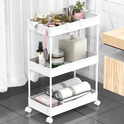 SPACELEAD 3 Tier Rolling Cart with Wheels, Storage Craft Art Trolley Organizer Serving, 3 Hanging Baskets Easy Assembly, for Office, BathroomLiving Room, Kitchen, White