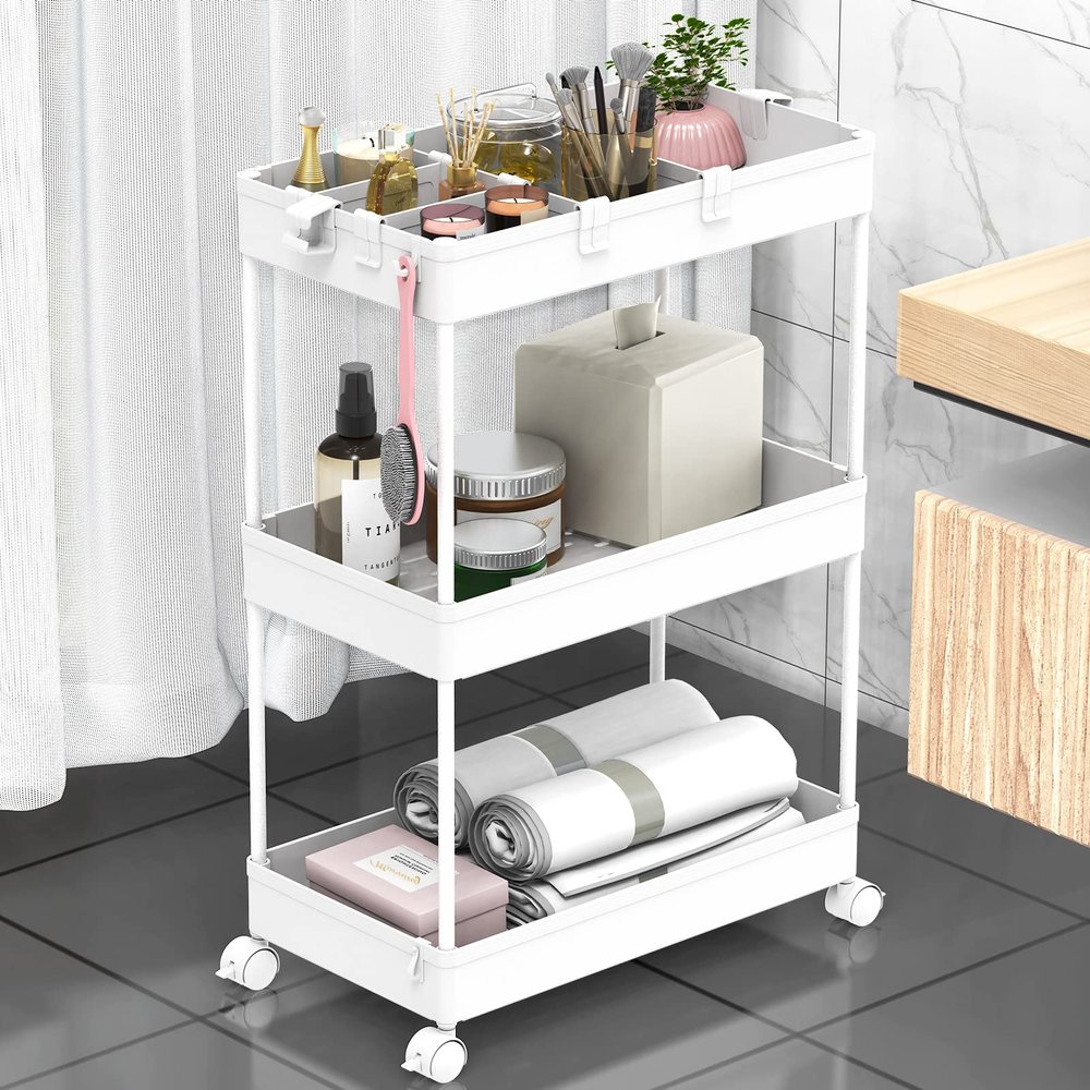 SPACELEAD 3 Tier Rolling Cart with Wheels, Storage Craft Art Trolley Organizer Serving, 3 Hanging Baskets Easy Assembly, for Office, BathroomLiving Room, Kitchen, White