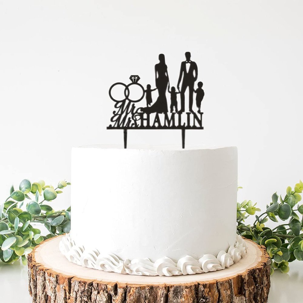 ArogGeld Love Family Wedding Cake Topper Bride and Groom With Three Boys Customized Wedding Date Name Bride & Groom Cake Topper for anniversary Engagement Wedding Party Decorations, Black