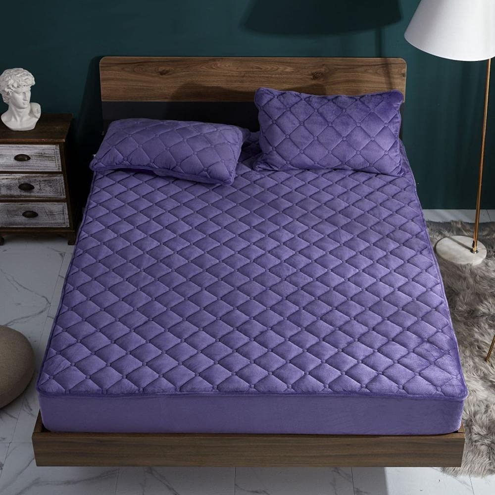 CFYCYHDZHT Bedding Set,Autumn Winter Thick Quilted Crystal Velvet Deep Pocket Fitted Sheets, Bedroom Warm Solid Color Mattress Protector Purple 135200cm+36cm