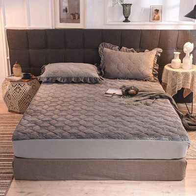CFYCYHDZHT Breathable Bed Sets,Thick Warm Winter Crystal Velvet Mattress Protection Cover, Bedroom Quilted Solid Color Non Slip Mattress Topper Bed Cover Grey 180x200x25cm