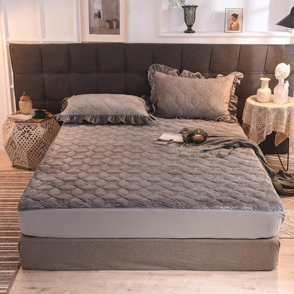 CFYCYHDZHT Breathable Bed Sets,Thick Warm Winter Crystal Velvet Mattress Protection Cover, Bedroom Quilted Solid Color Non Slip Mattress Topper Bed Cover Grey 180x200x25cm