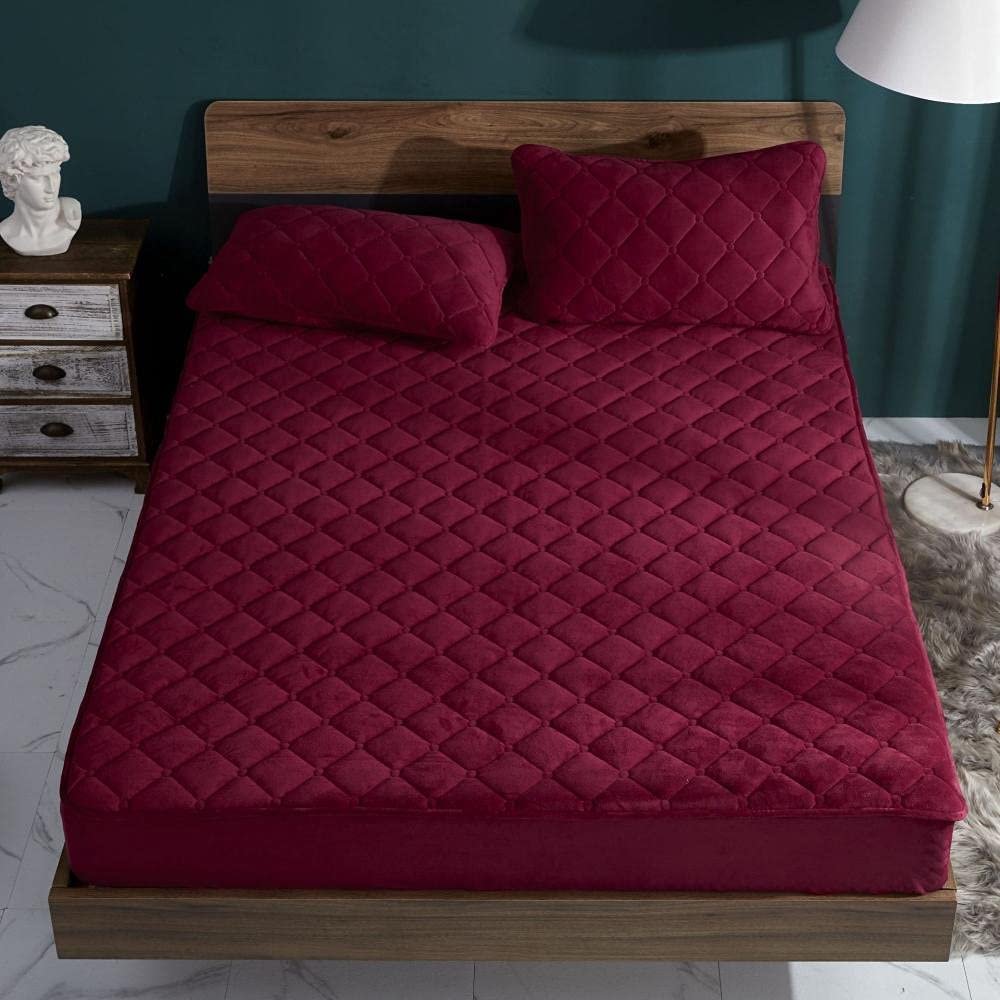 CFYCYHDZHT Bedding Fitted Sheet Deep,Autumn Winter Thick Quilted Crystal Velvet Deep Pocket Fitted Sheets, Bedroom Warm Solid Color Mattress Protector Red 1205200cm+25cm