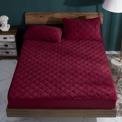 CFYCYHDZHT Bedding Fitted Sheets,Autumn Winter Thick Quilted Crystal Velvet Deep Pocket Fitted Sheets, Bedroom Warm Solid Color Mattress Protector Red 120200cm+36cm