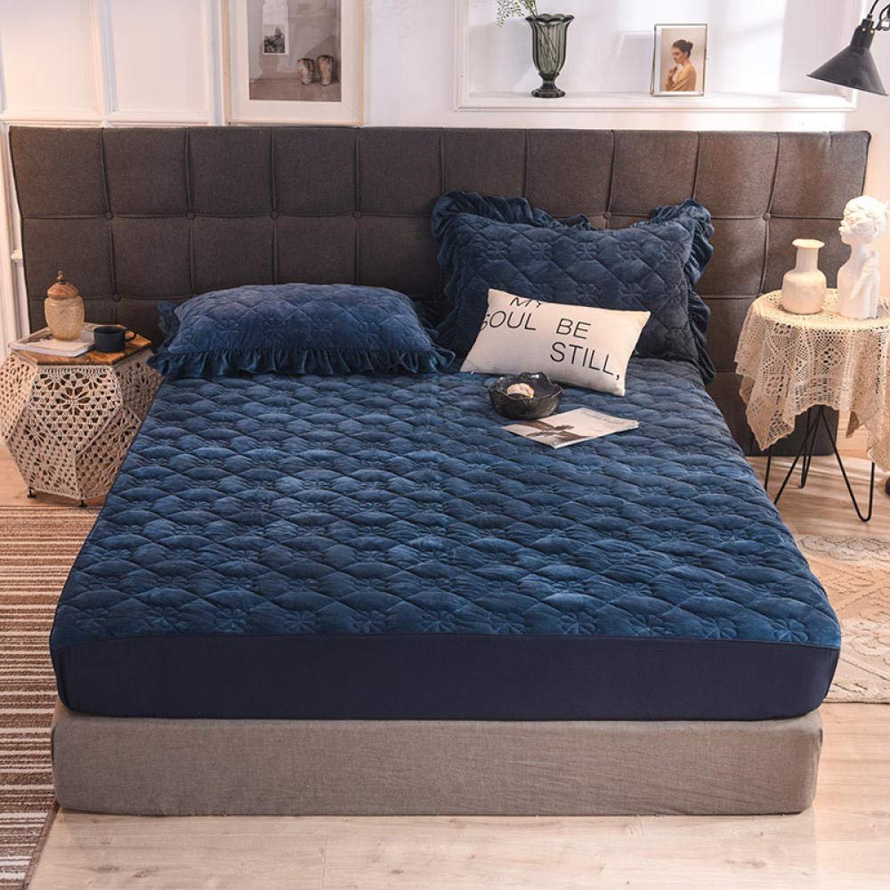 CFYCYHDZHT King Sheets Set,Thick Warm Winter Crystal Velvet Mattress Protection Cover, Bedroom Quilted Solid Color Non Slip Mattress Topper Bed Cover Dark Blue 150x200x25cm