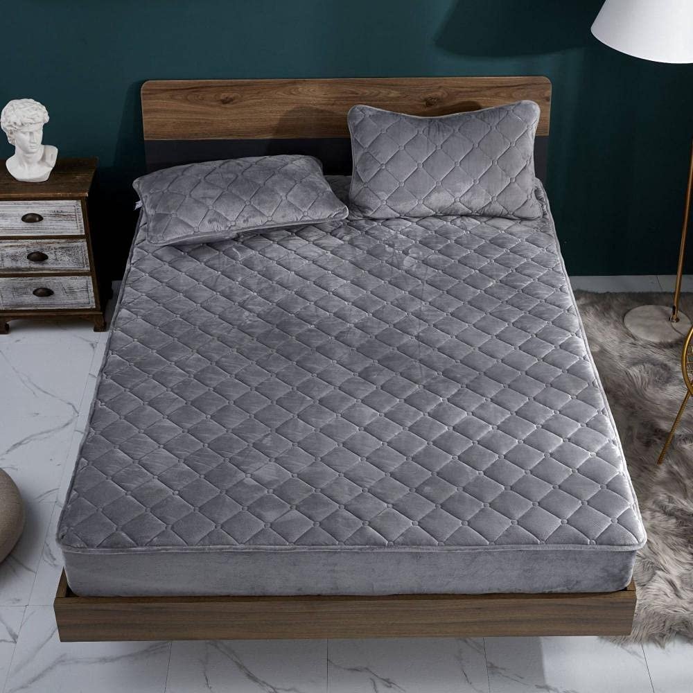 CFYCYHDZHT Bedding Fitted Sheet,Autumn Winter Thick Quilted Crystal Velvet Deep Pocket Fitted Sheets, Bedroom Warm Solid Color Mattress Protector Grey 1205200cm+25cm