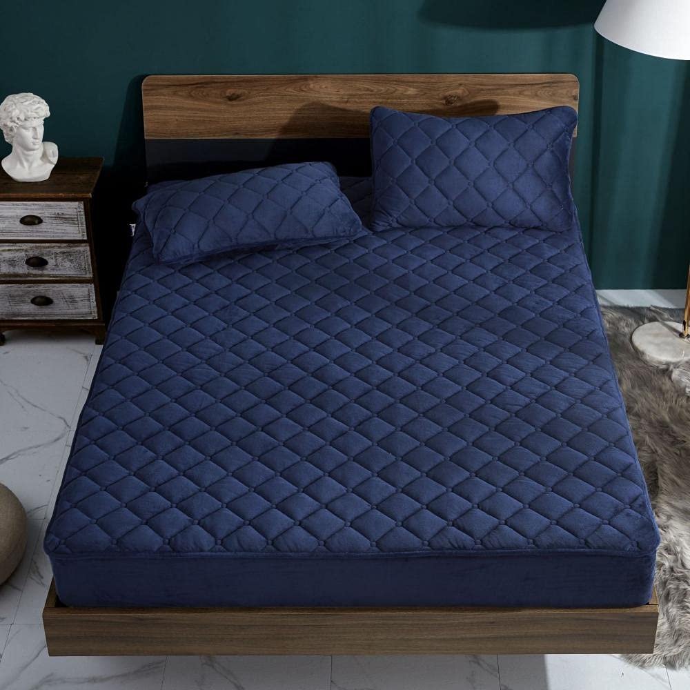 CFYCYHDZHT Bedding Fitted Sheets,Autumn Winter Thick Quilted Crystal Velvet Deep Pocket Fitted Sheets, Bedroom Warm Solid Color Mattress Protector Navy Blue 200220cm+25cm
