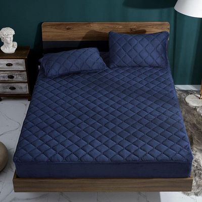 CFYCYHDZHT Bed Cover Room,Autumn Winter Thick Quilted Crystal Velvet Deep Pocket Fitted Sheets, Bedroom Warm Solid Color Mattress Protector Navy Blue 150200cm+25cm