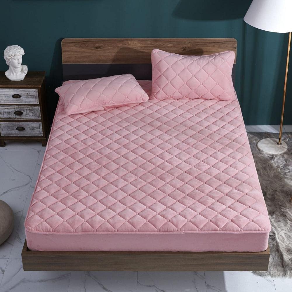 CFYCYHDZHT Deep Pocket Bed Sheet,Autumn Winter Thick Quilted Crystal Velvet Deep Pocket Fitted Sheets, Bedroom Warm Solid Color Mattress Protector Pink 150200cm+36cm
