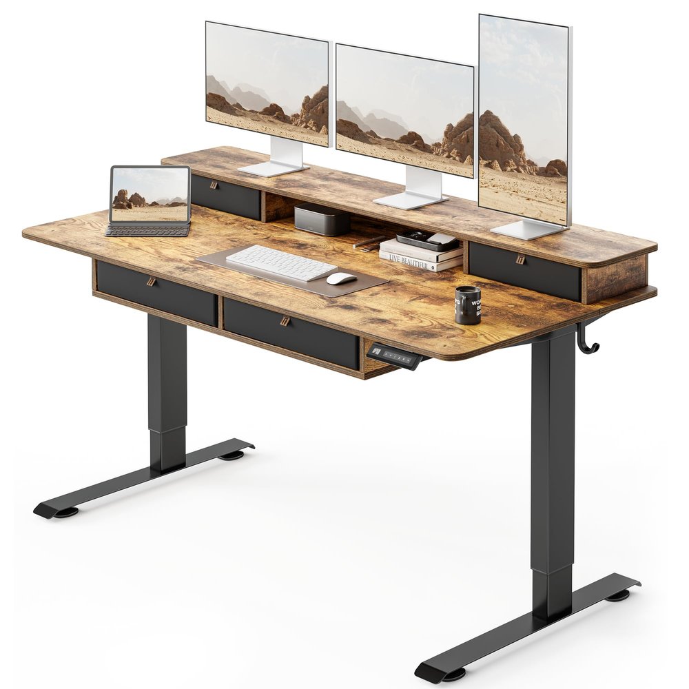 FEZIBO 60 x 30 inch Standing Desk with Drawers, Height Adjustable Electric Workstation, Computer Sit Stand Up Table with Large Storage Shelf 4 Drawers and 2 Hooks, Rustic Brown