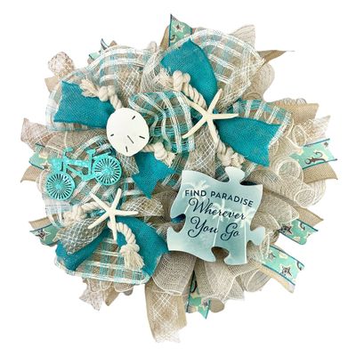 Find Paradise Wherever you go, Beach, Coastal, Beach Wreath, Made with White Sand Colored Deco Mesh, Starfish, Sand Dollar, and Sea Shells