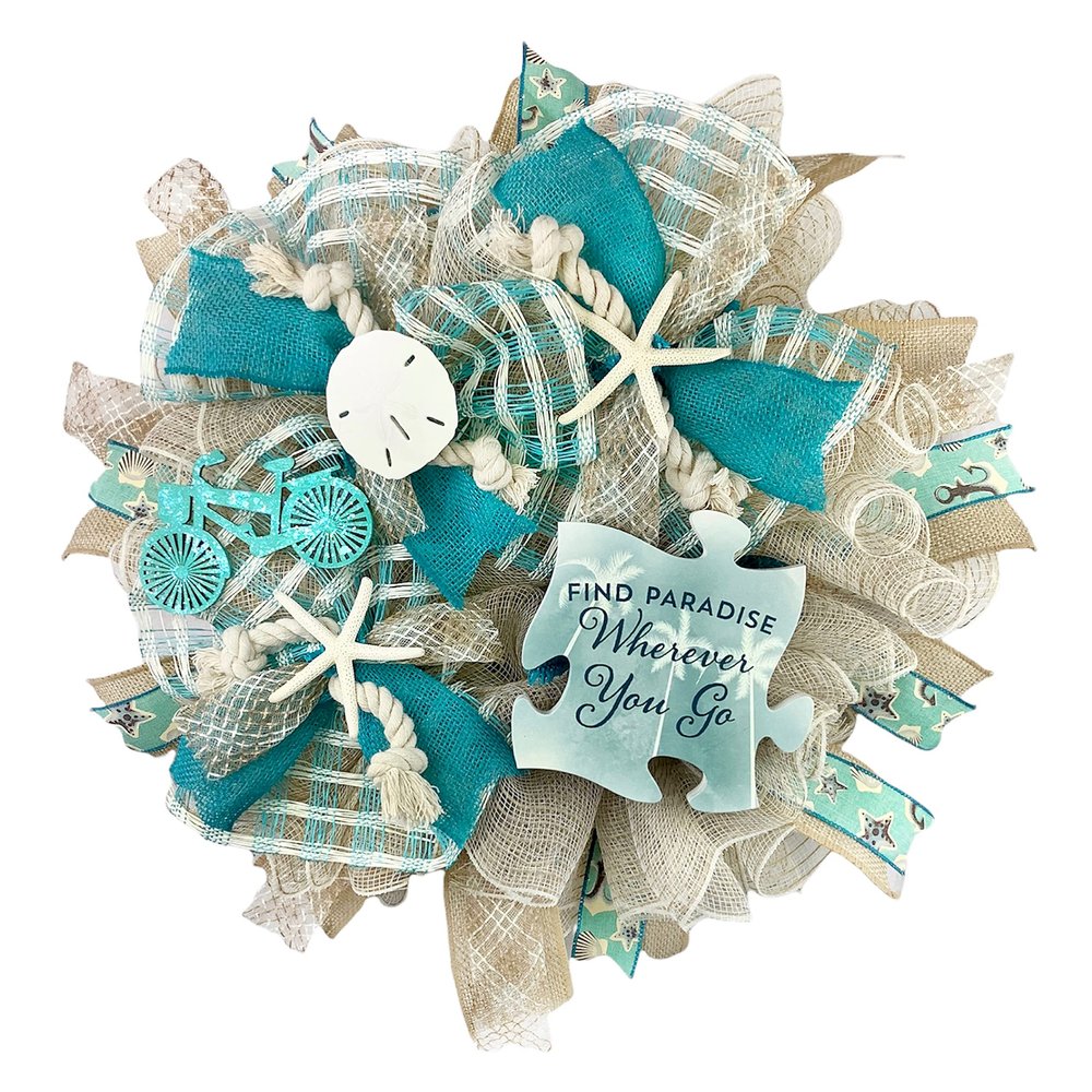 Find Paradise Wherever you go, Beach, Coastal, Beach Wreath, Made with White Sand Colored Deco Mesh, Starfish, Sand Dollar, and Sea Shells