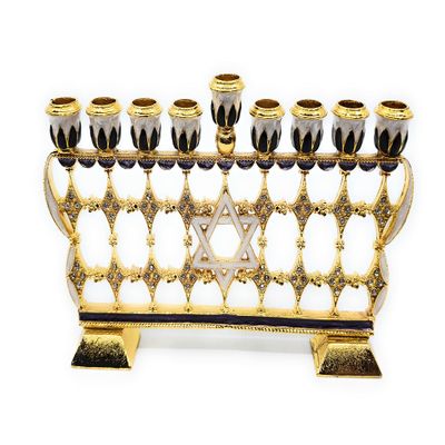 Chanukah Menorah Enamel on Pewter Set with Genuine Austrian Crystals & Gold Accents (Purple)