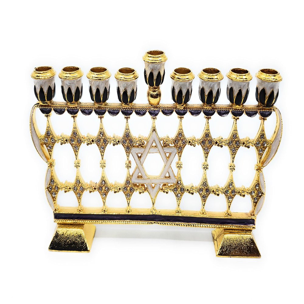 Chanukah Menorah Enamel on Pewter Set with Genuine Austrian Crystals & Gold Accents (Purple)
