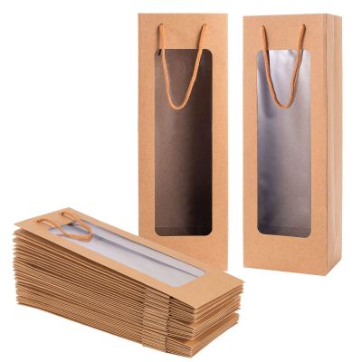 Dasofine Wine Gift Bags with Window, 20 Pack 4.13"x3.35"x14.2" Tall Brown Paper Bags for Bottle, New Year Birthday Housewarming Dinner Party