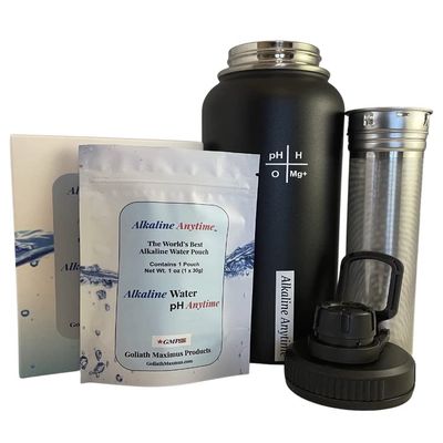 Alkaline Anytime 32oz Stainless Steel Alkaline Water Bottle | Premium 9.5+ pH | Wide Mouth Insulated Bottle | Carry Handle Lid | Alkaline Ionized Water | Infuser (Large Infuser and 3 Filters, Black)