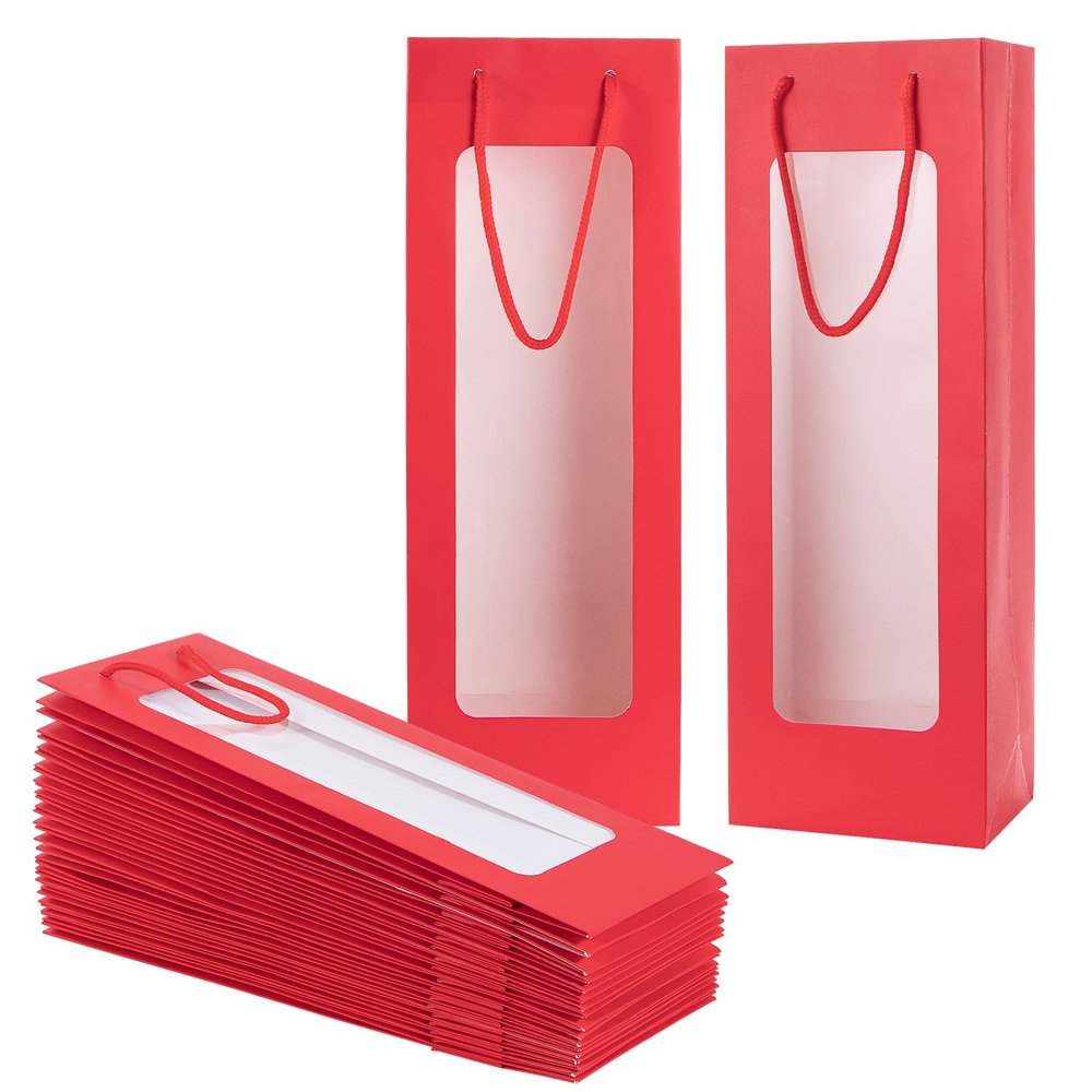 Dasofine 20pcs Wine Gift Bags, 4.1"3.4"14.2" Sturdy Kraft Paper Bags With Windows for Bottles, Wedding, Party
