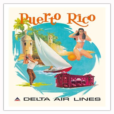 Puerto Rico - Castillo San Felipe del Morro - Delta Air Lines - Vintage Airline Travel Poster by Fred Sweney c.1960s - Fine Art Matte Paper Print (Unframed) 20x26in
