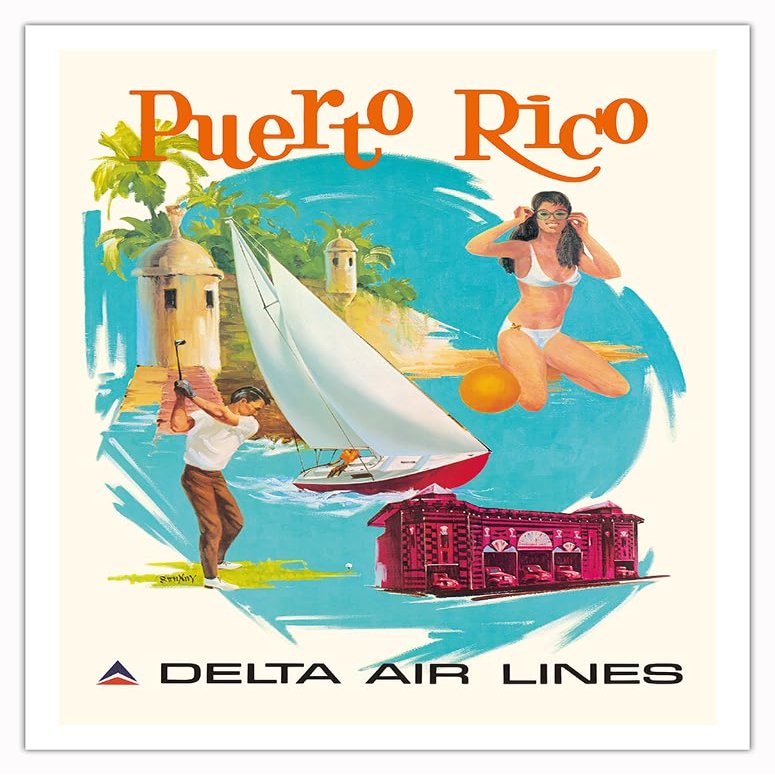 Puerto Rico - Castillo San Felipe del Morro - Delta Air Lines - Vintage Airline Travel Poster by Fred Sweney c.1960s - Fine Art Matte Paper Print (Unframed) 20x26in