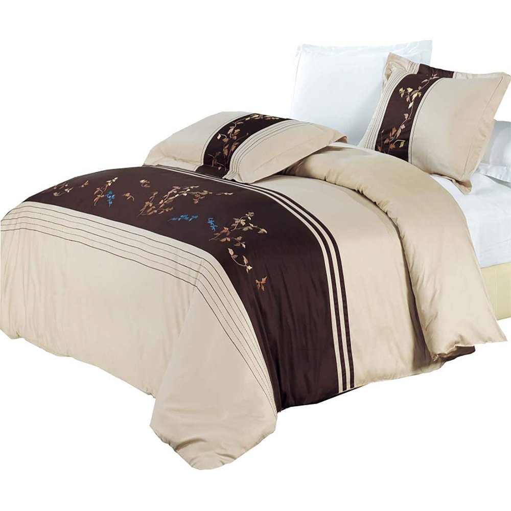 4PC Bedding Set- Duvet Cover and Duvet Insert Features Extra Warm Dobby Down Alternative Duvet Comforter Insert along with 100% Cotton Embroidered Celeste Duvet Cover Set (Full/Queen, Beige)