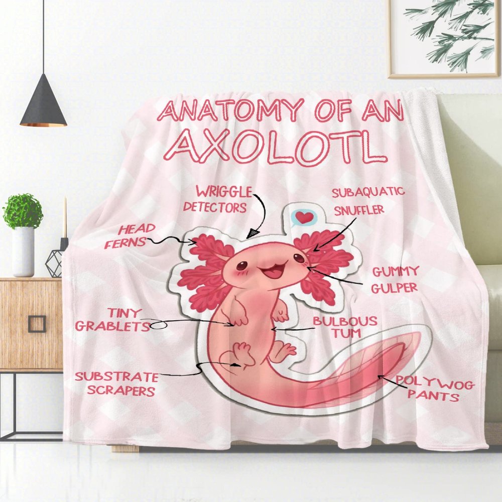 Anatomy of an Axolotl Blanket Throw, Mexican Salamander Flannel Fleece Blanket Perfect Axolotl Lover Gift, Lightweight Soft Animal Blanket Suit for Sofa Bed Couch Travel 120"x90" for Family