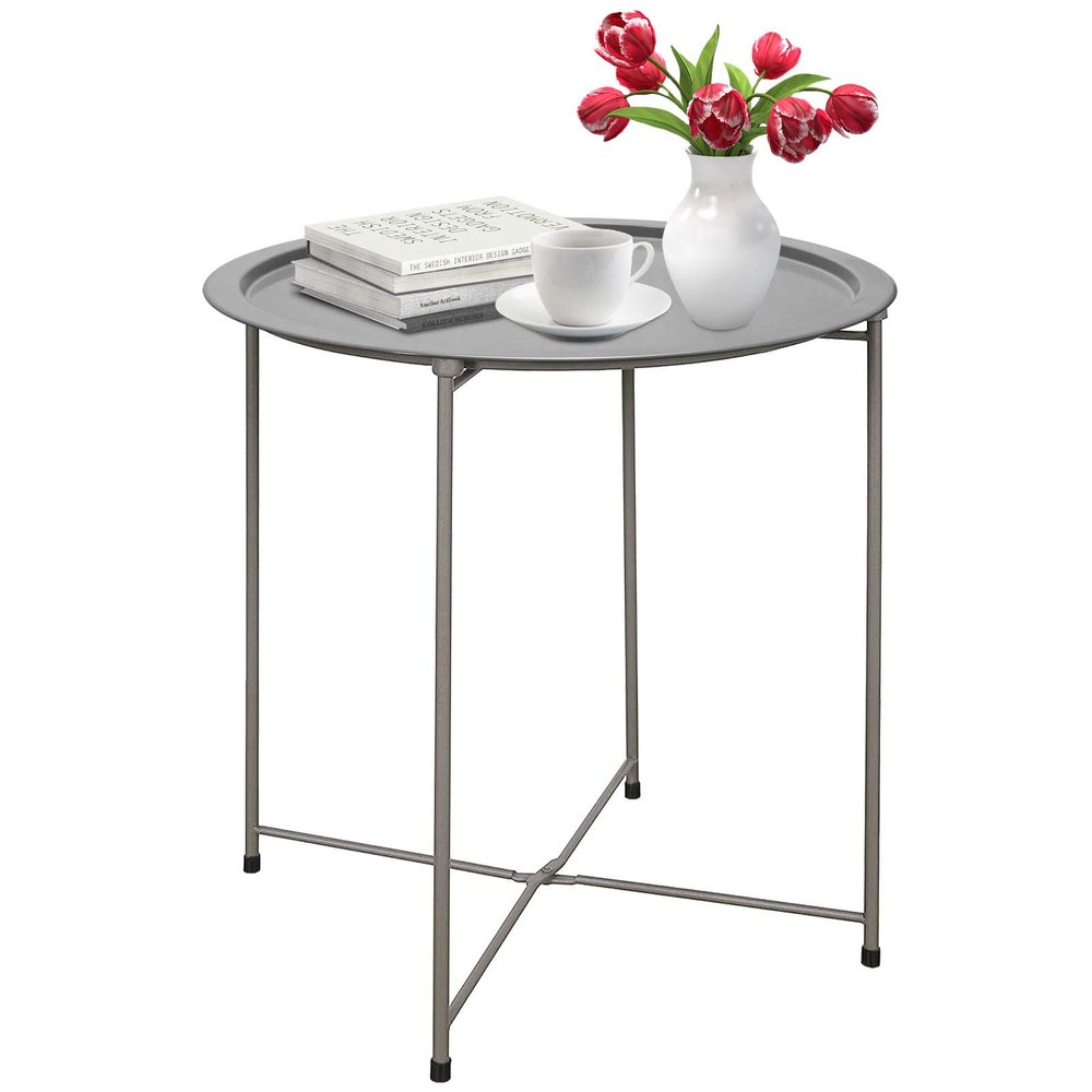 Garden 4 you End Table Metal Side Table Grey Round Folding Tray Cyan Sofa Small Accent Fold-able Table, Round End Table Tray, Next to Sofa Table, Snack Table for Living Room and Bed Room