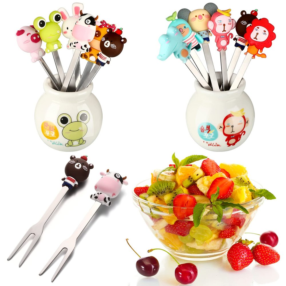 12 Pcs Food Picks for Kids with 2 Ceramic Jars Set of 2 Cute Cartoon Animal Fruit Forks Kids Toothpicks Stainless Steel Bento Picks for Kids with Silicone Handles Back to School Party Supplies